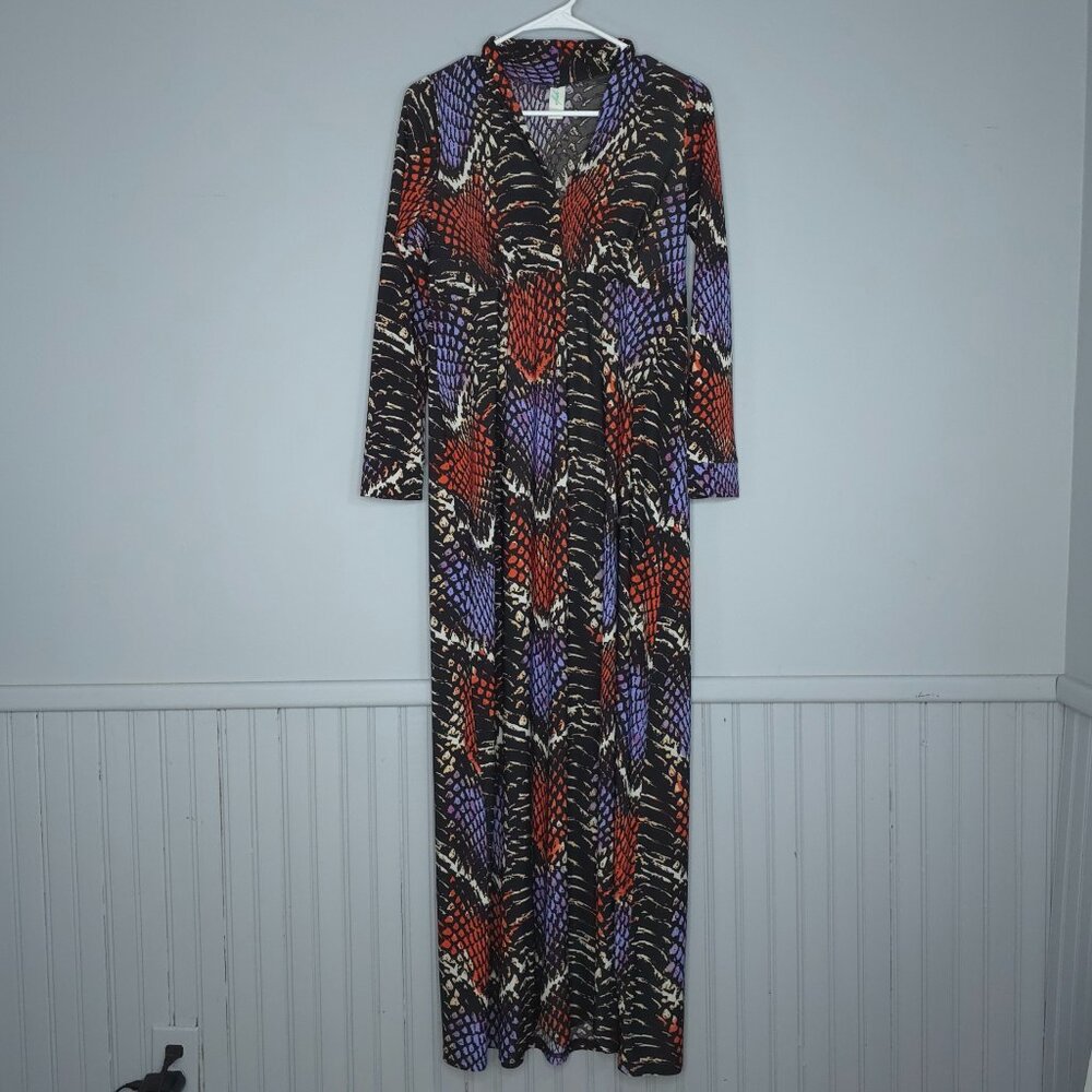 vFish Long-Sleeve V-Neck Reptile Print Maxi Dress S Chic Boho